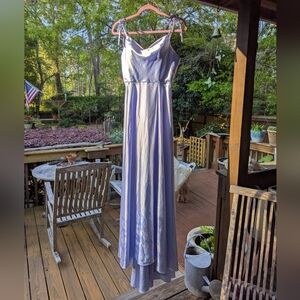 L/XL Blue Satin Corset-Back Gown – Slouch-Neck Open-Slit Prom / Bridesmaid Dress